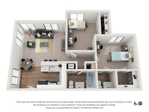 Floor plan for 2 beds, 1.5 baths, 890 sqft
